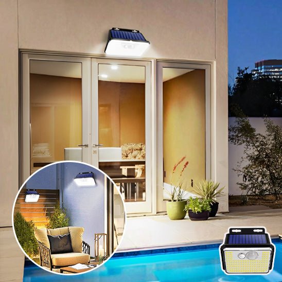 Projecteur exterieur solaire illuminant une picsine et une chaise